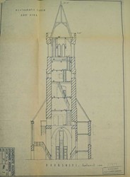 <p>Opmeting van de bestaande toestand van de doorsnede van de toren uit 1954. (Archief RCE).  </p>
